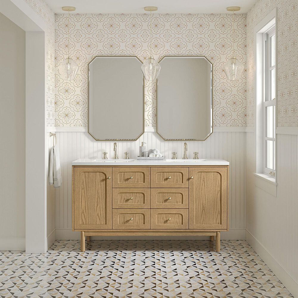 James Martin Vanities Laurent 60&quot; Double Bathroom Vanity in Light Natural Oak with 3 cm White Zeus Quartz Top and Rectangular Sinks, , large