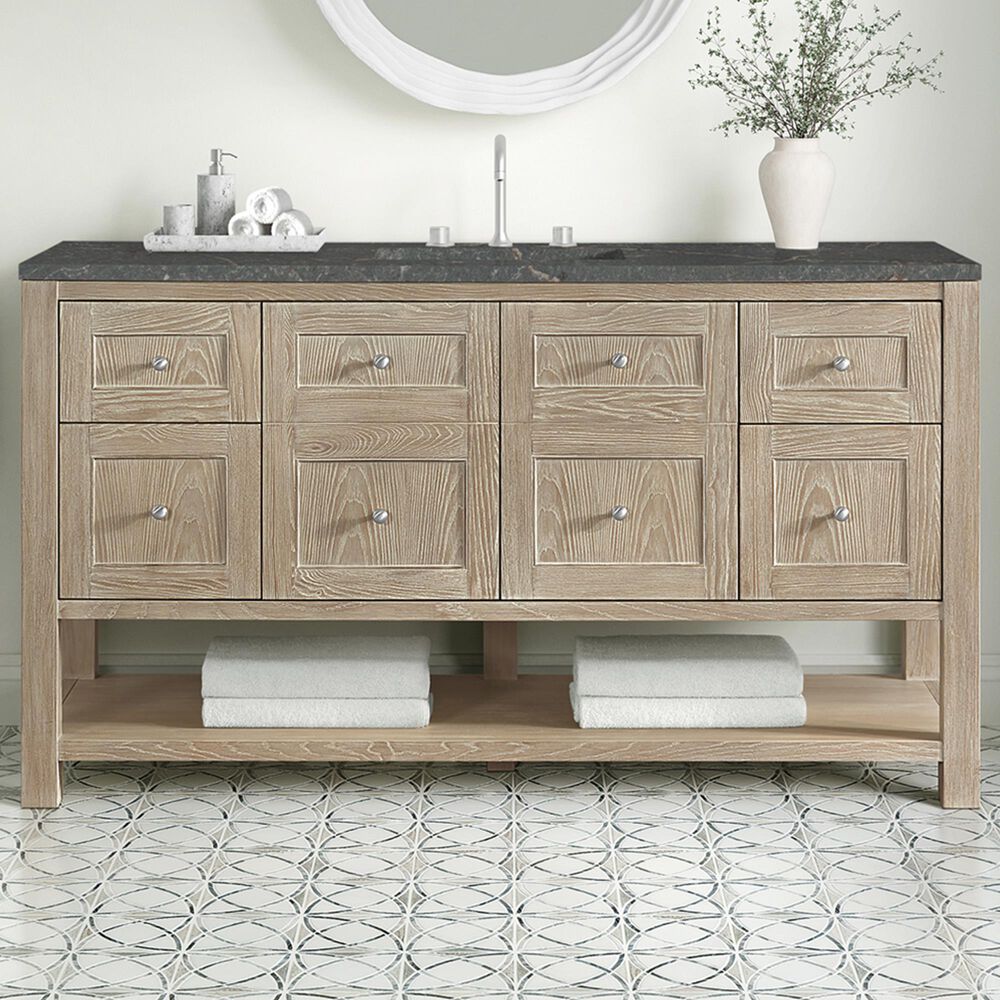 James Martin Vanities Breckenridge 60&quot; Single Bathroom Vanity in Whitewashed Oak with 3 cm Parisien Bleu Quartz Top and Rectangular Sink, , large