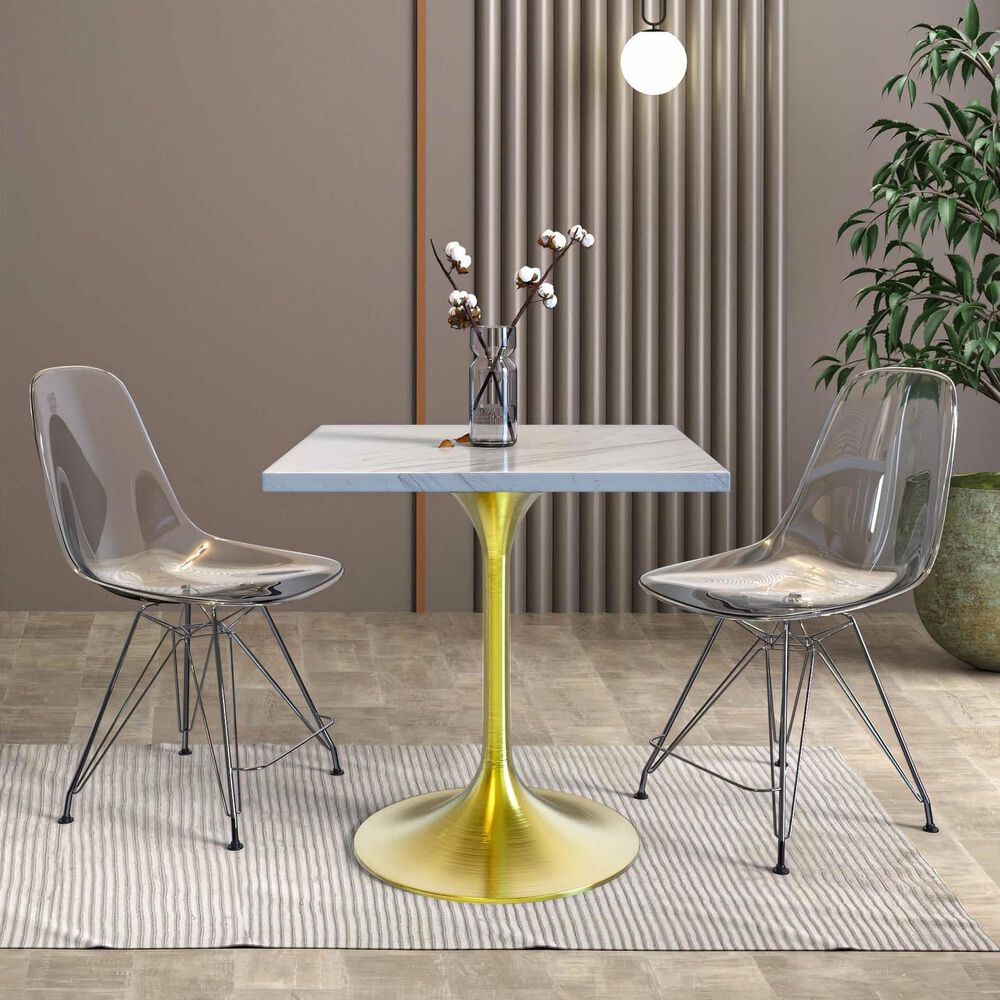Leisuremod LeisureMod Verve Collection 27 Square Dining Table, Brushed Gold Base with Laminated White Marbleized Top, , large