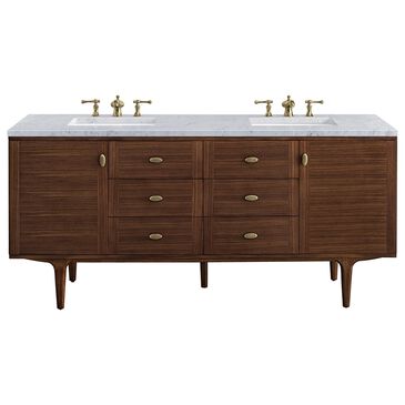 James Martin Amberly 72" Double Bathroom Vanity in Walnut with 3 cm Carrara White Marble Top and Rectangular Sinks, , large