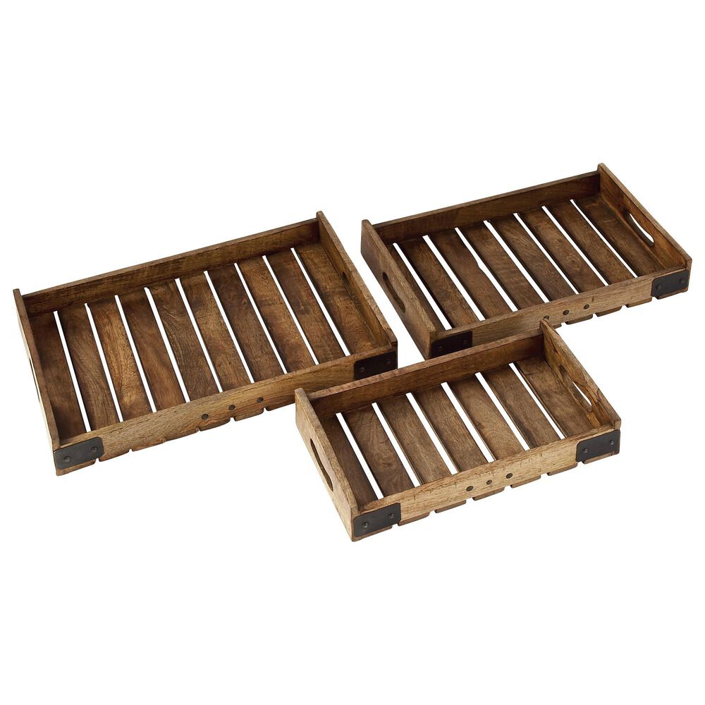 Maple and Jade Farmhouse Wood Slat Tray in Brown (Set of 3), , large