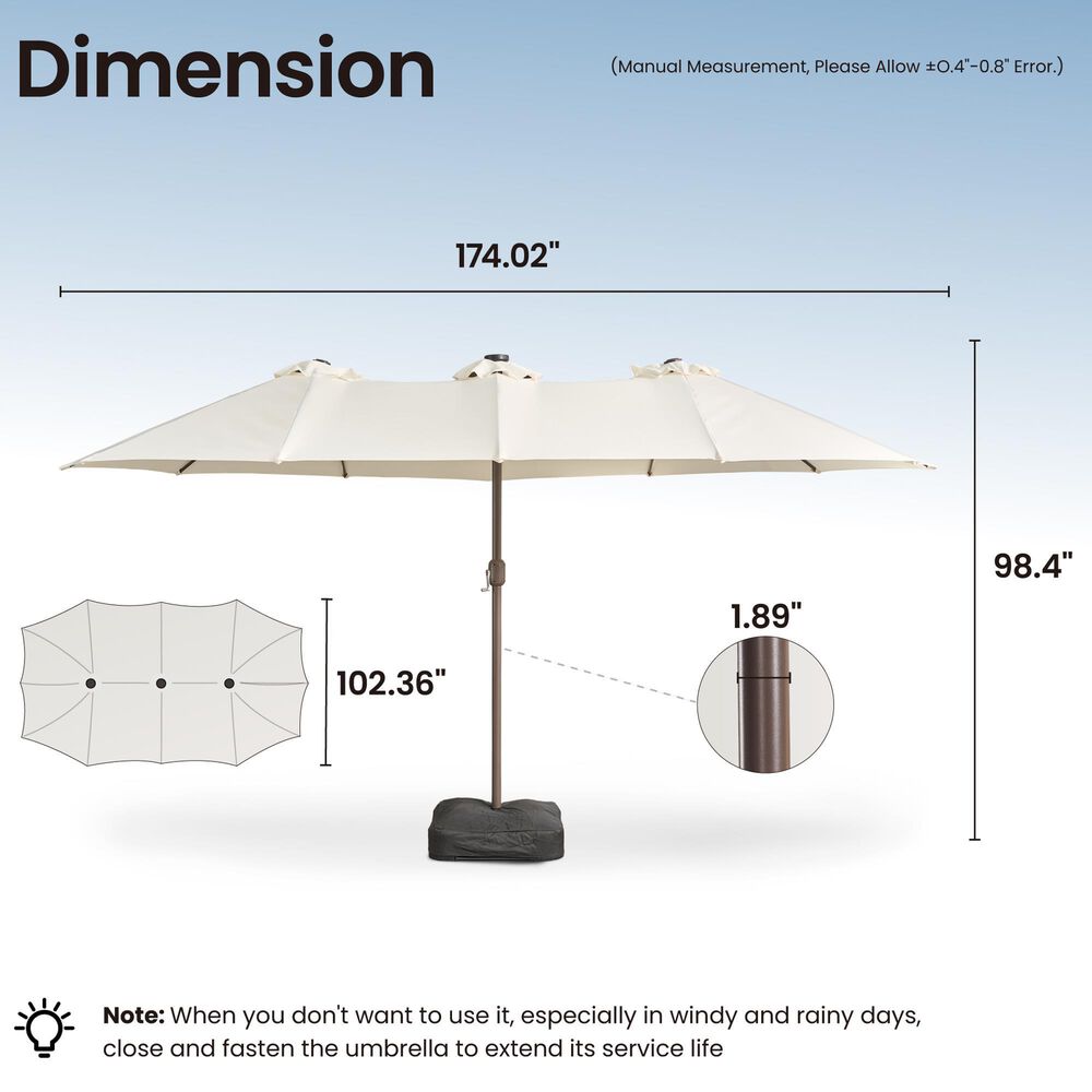 HOMLUX 15' Double-Sided Outdoor Market Umbrella with Sandbag Base and White LED Beads in White, , large