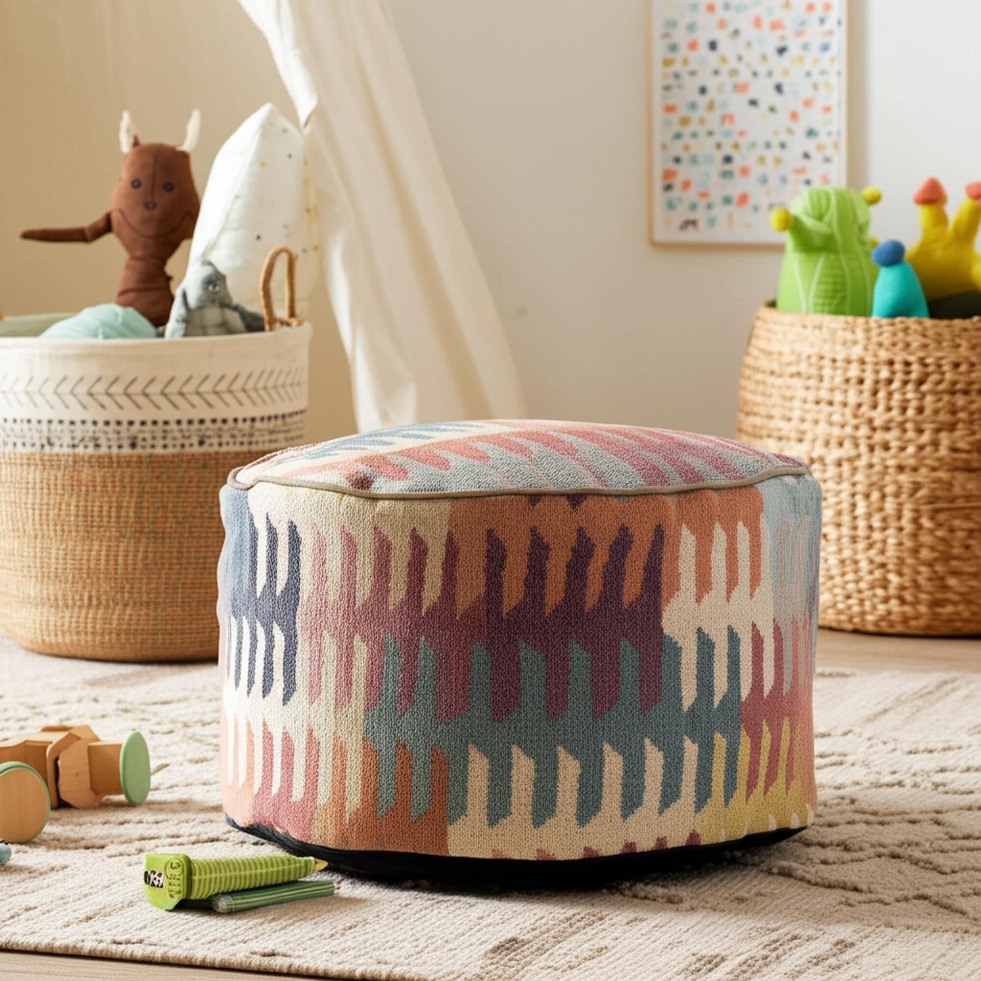 Howard Elliott Navajo Foot Pouf in Coral, Blush, Teal and Mustard