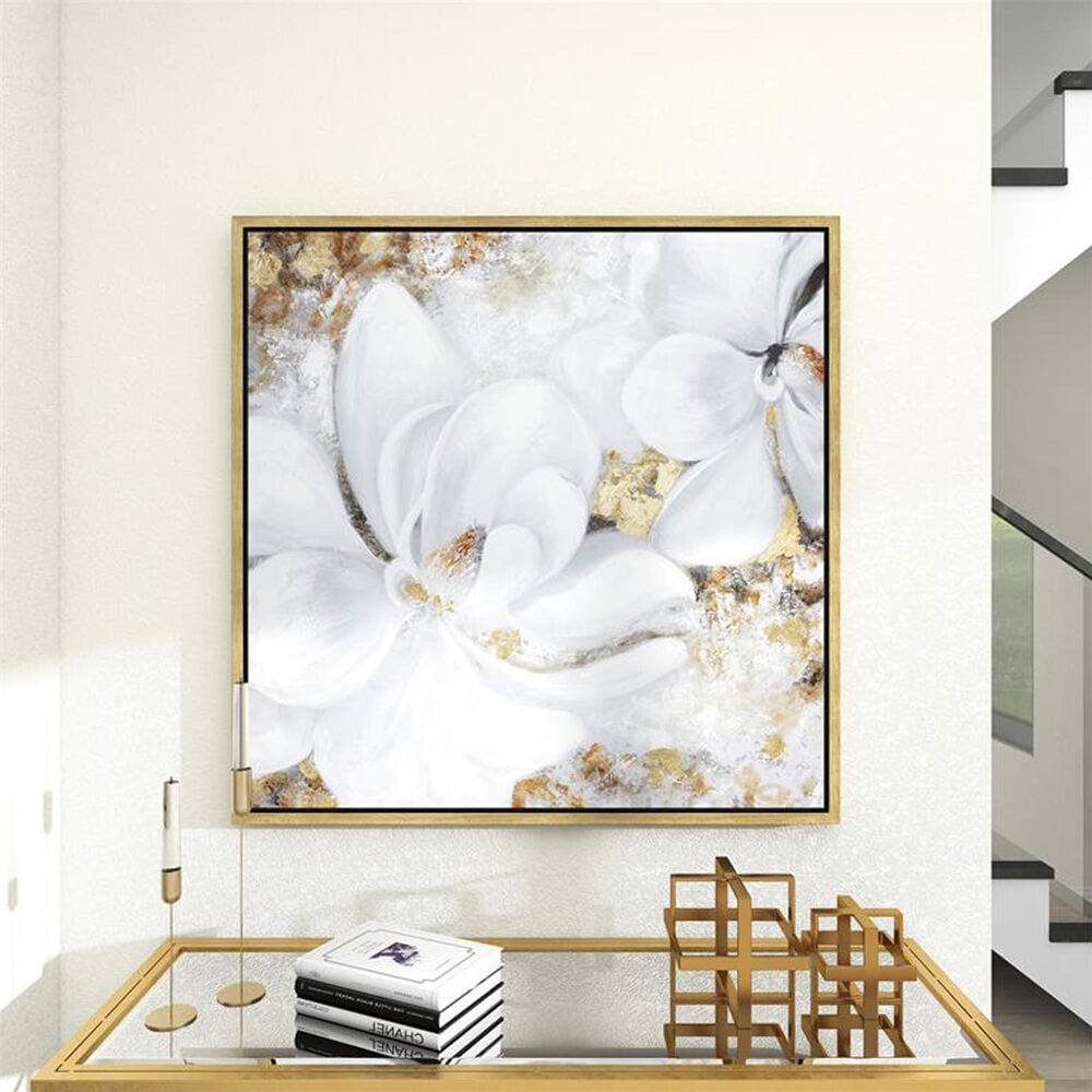 Maple and Jade 40&quot; x 40&quot; Square Floral Wall Art with Gold Frame in White, Gray, Brown, Bronze and Black, , large