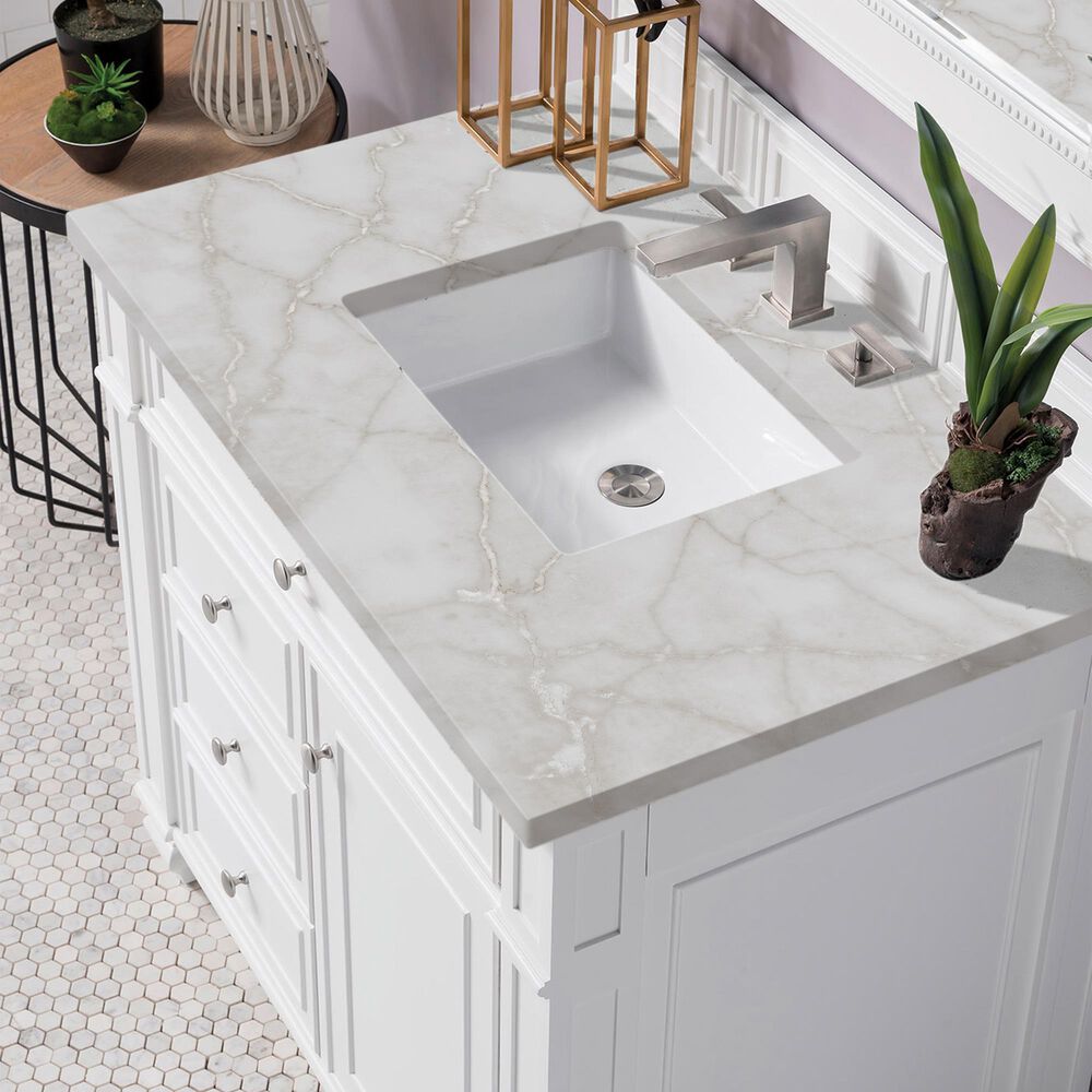 James Martin Vanities Bristol 36" Single Bathroom Vanity in Bright White with 3 cm Victorian Silver Quartz Top and Rectangular Sink, , large