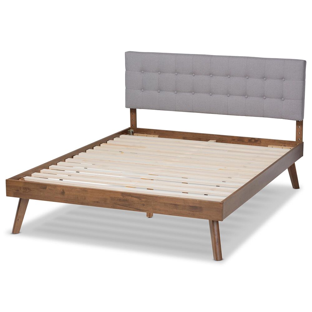 Baxton Studio Devan Queen Platform Bed with Light Grey Fabric in Walnut Brown, , large