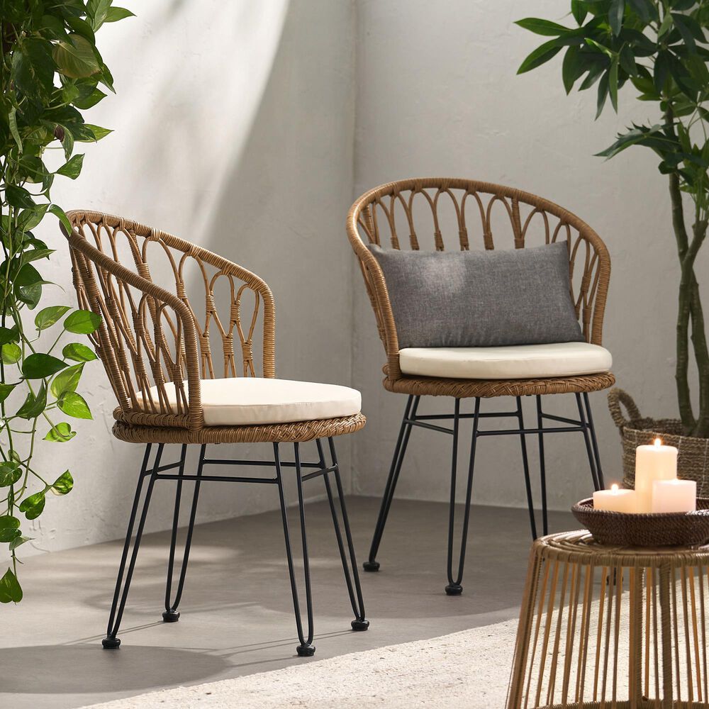 Hearth and Haven Tavon Outdoor Chair with Beige Cushion in Light Brown &#40;Set of 2&#41;, , large