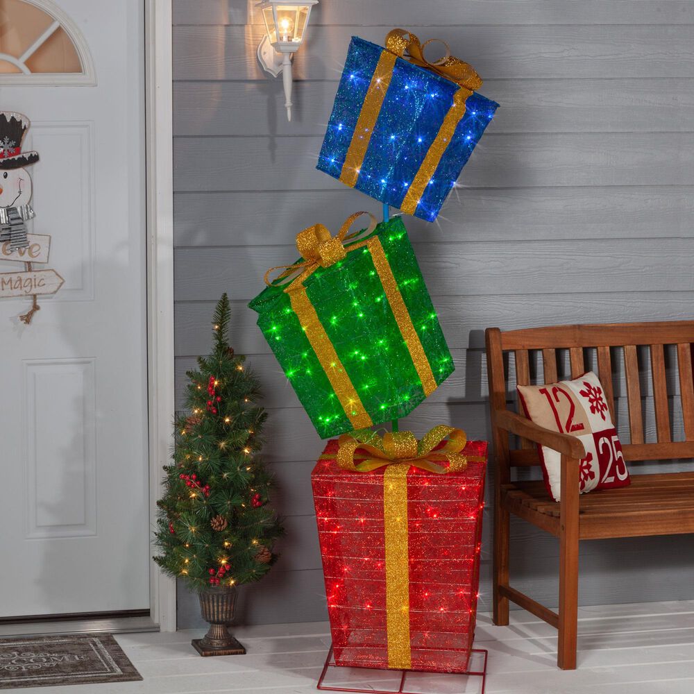The Gerson Company 72&quot; Tall Electric 3-Stacked Lighted Christmas Presents in Multicolor, , large