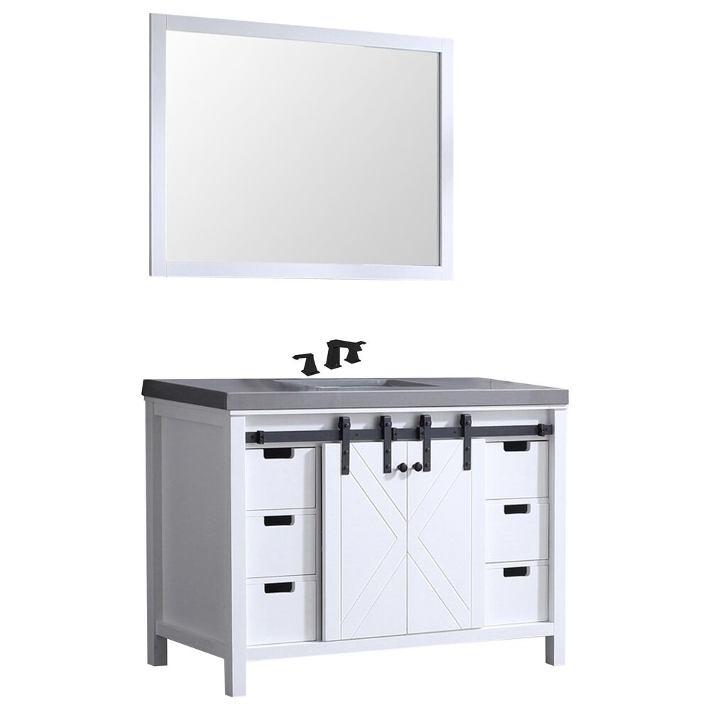 Lexora Home Marsyas 48" Single Bathroom Vanity in White with Grey Quartz Top, Rectangle Sink, Matte Black Faucet and Mirror, , large