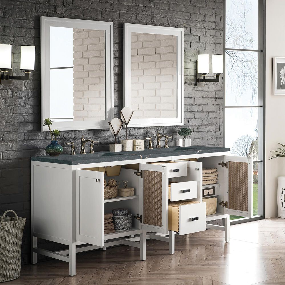 James Martin Vanities Addison 72&quot; Double Bathroom Vanity in Glossy White with 3 cm Parisien Bleu Quartz Top and Rectangular Sinks, , large