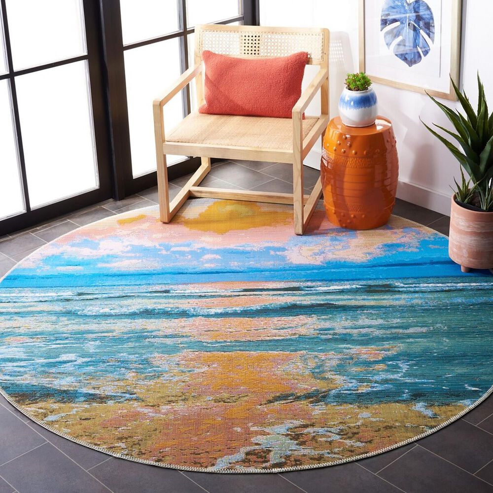 Safavieh Barbados Tropical Sunset 6&#39;6&quot; Round Gold and Blue Indoor/Outdoor Area Rug, , large