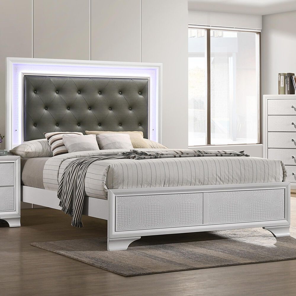 Crown Mark Lyssa Queen Upholstered Panel Bed with LED Lights in Frost, , large