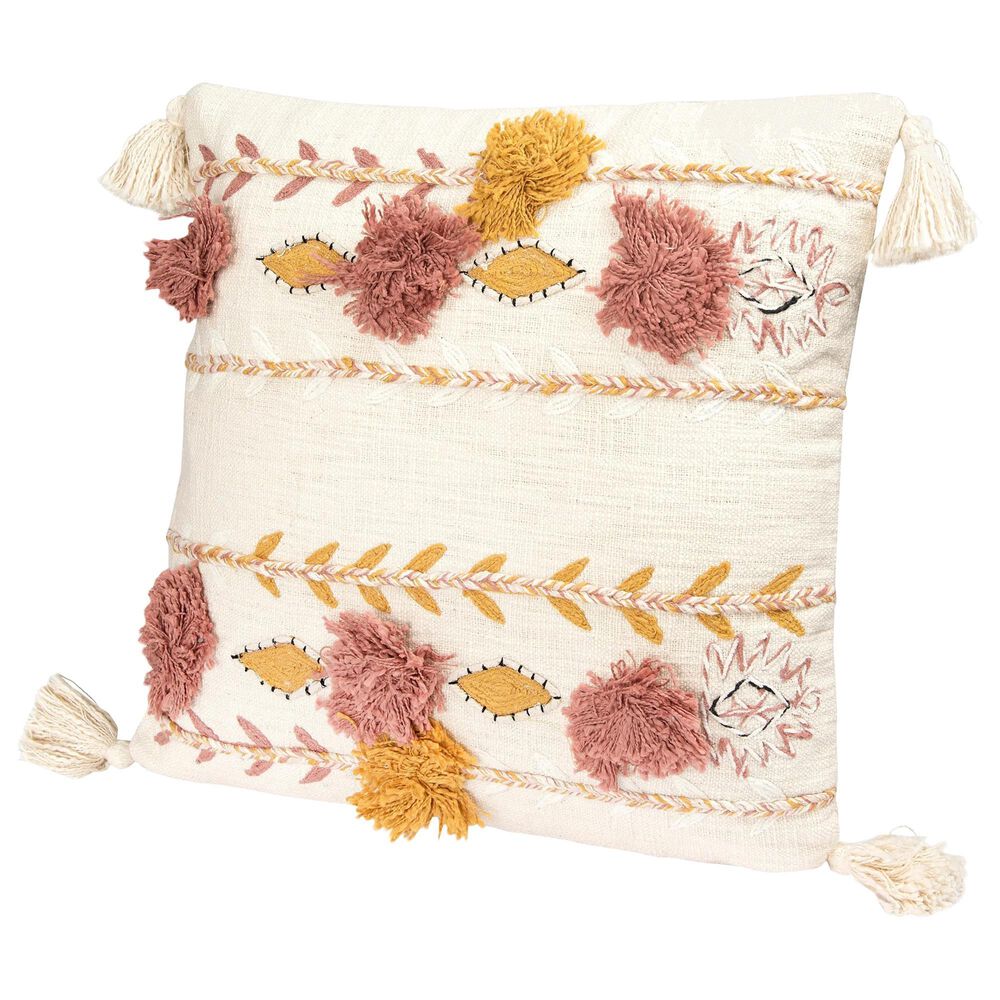 Teak Interiors Sanctuary Embroidered 20" x 20" Throw Pillow in Cream, Rose and Mustard, , large