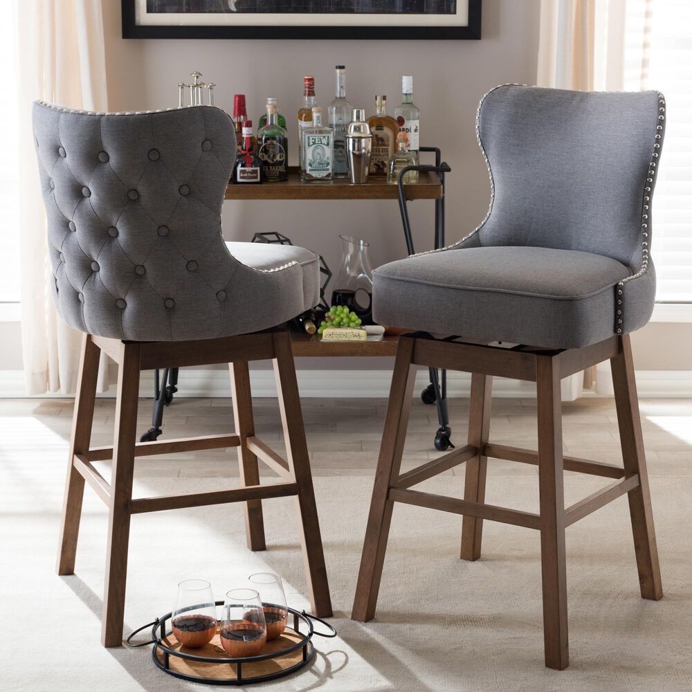 Baxton Studio Gradisca Swivel Bar Stool with Grey Cushion in Dark Walnut (Set of 2), , large