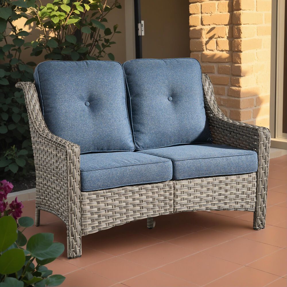HOMLUX Outdoor Rattan Loveseat with Ergonomic Backrest in Denim Blue, , large