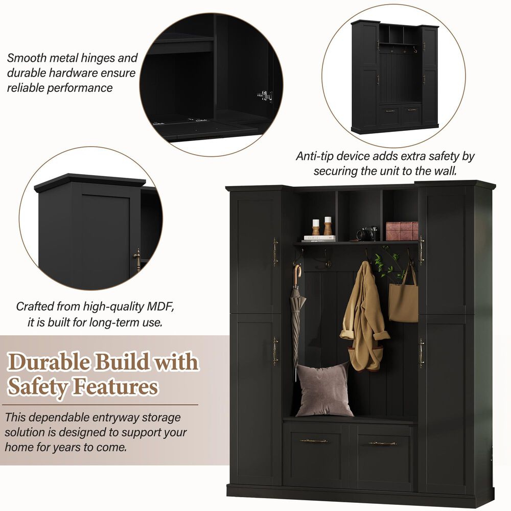 HOMLUX 5-Hook Hall Tree with 4 Side Cabinets and Storage Bench in Black, , large