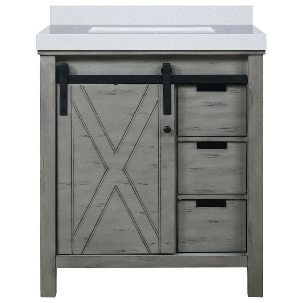 Lexora Home Marsyas 30&quot; Single Bathroom Vanity in Ash Grey with 2 cm White Cultured Marble Top and Rectangular Sink, , large