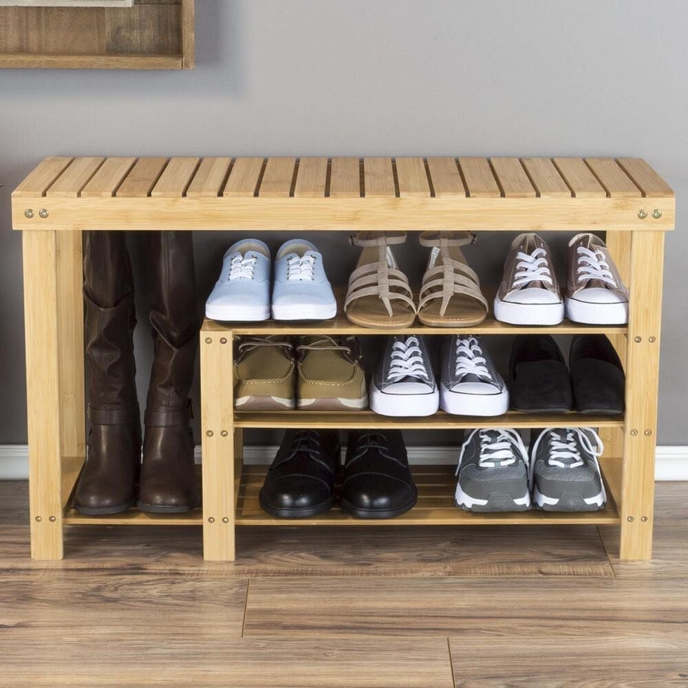 3-Tier Bamboo Shoe Rack Bench Entryway Shoe Storage Organizer - On