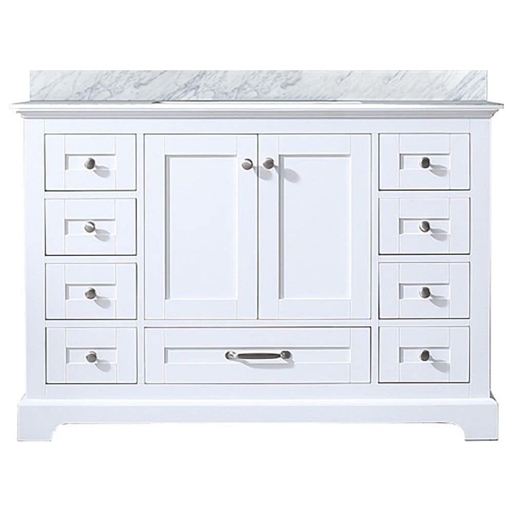 Lexora Home Dukes 48&quot; Single Bathroom Vanity in White with 2 cm White Carrara Marble Top and Rectangular Sink, , large