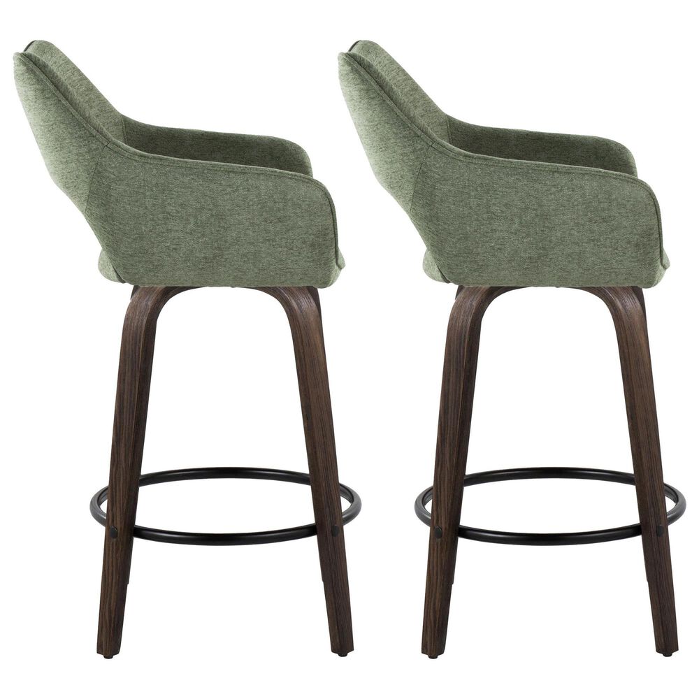 LumiSource Mustang 26" Swivel Counter Stool with Green Fabric Upholstery in Glazed Walnut and Black (Set of 2), , large