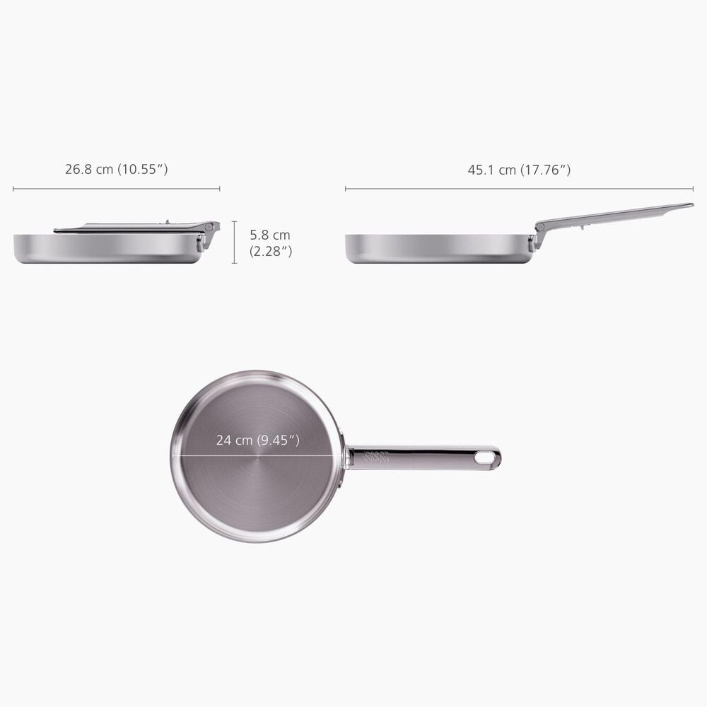 Joseph Joseph Space Steel 9.5&quot; Frying Pan with Folding Handle in Stainless Steel, , large