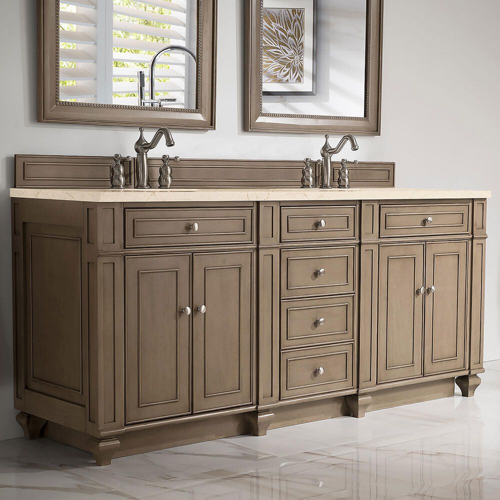 James Martin Vanities Bristol 72&quot; Double Bathroom Vanity in Whitewashed Walnut with 3 cm Eternal Marfil Quartz Top and Rectangular Sinks, , large