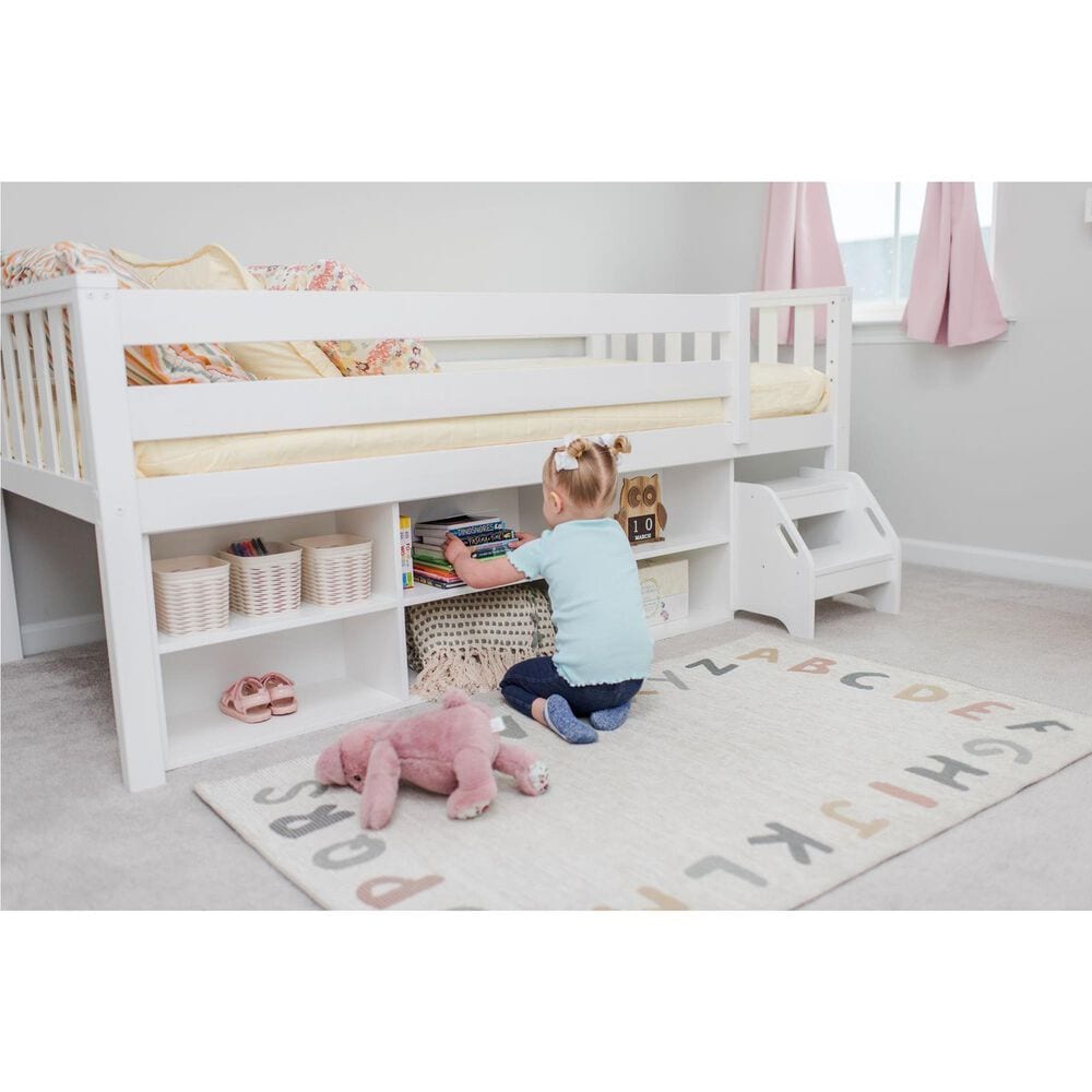 Birch Hollow Scandinavian Low Loft Twin Bed with Bookcase and Stepstool in White, , large