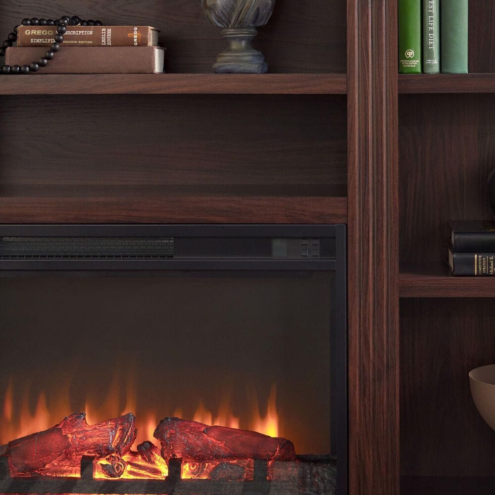 Walker Edison Cullen 70&quot; Electric Fireplace with Mantel and Shelves in Brown, , large