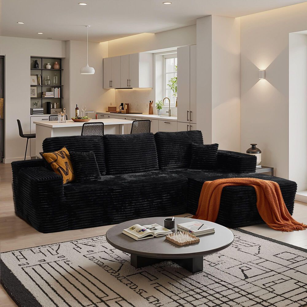 HOMLUX 104" Cloud Sectional Couch Upholstered Modular Sofa with Right L-Shape Chaise, Corduroy Fabric in Black, , large