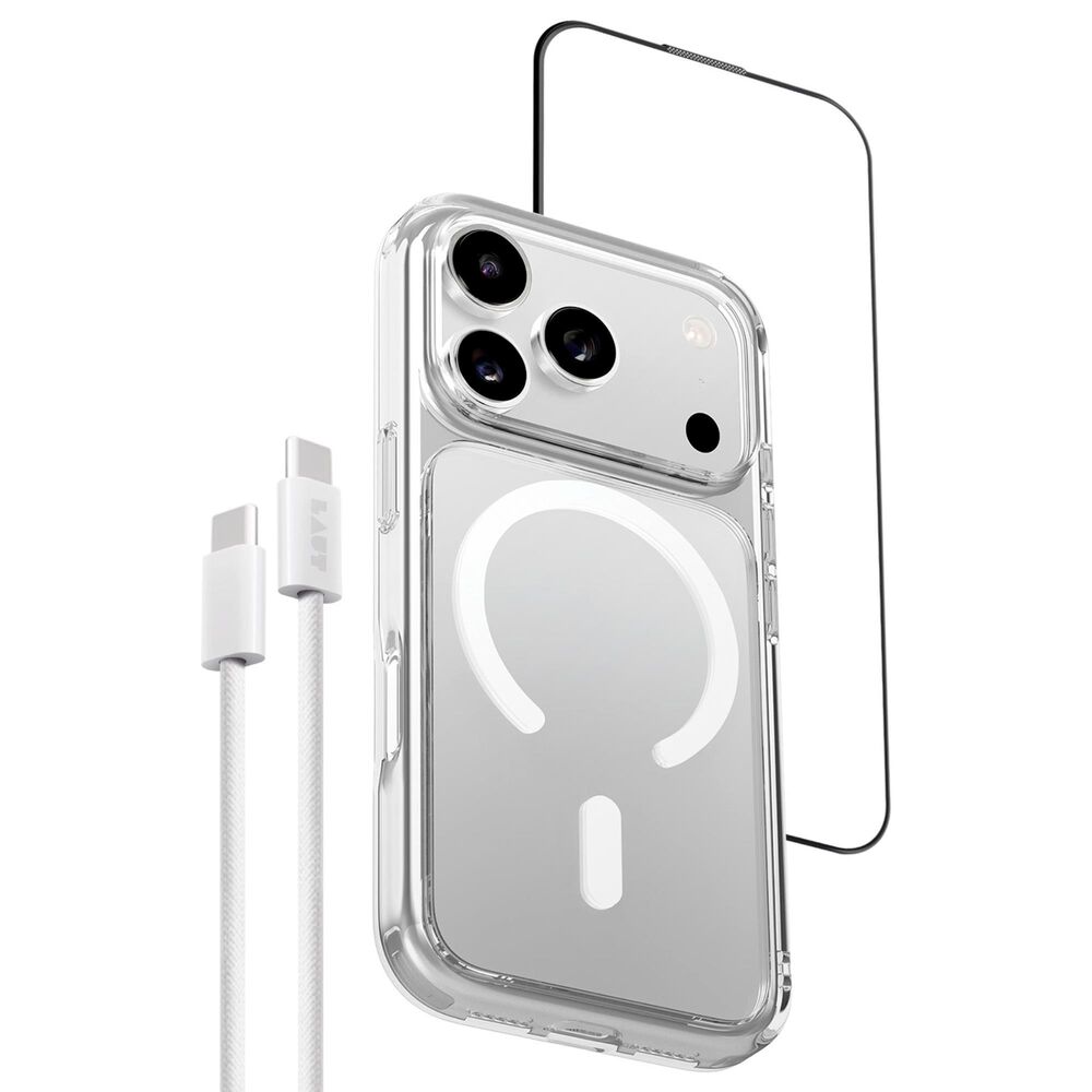 LAUT Crystal Fluro Case, Prime Glass Screen Protector and Charging Cable Bundle for iPhone 18 Pro Max in Clear, , large