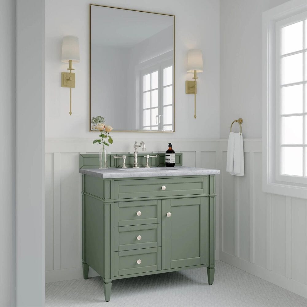 James Martin Vanities Brittany 36&quot; Single Bathroom Vanity in Smokey Celadon with 3 cm Carrara White Marble Top and Rectangular Sink, , large