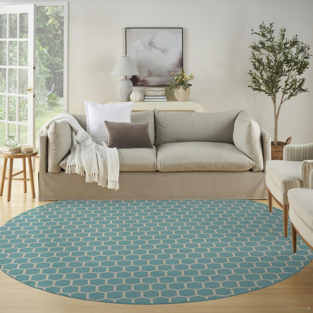 Nourison Twist Reversible 8&#39; Round Aqua Indoor/Outdoor Area Rug, , large