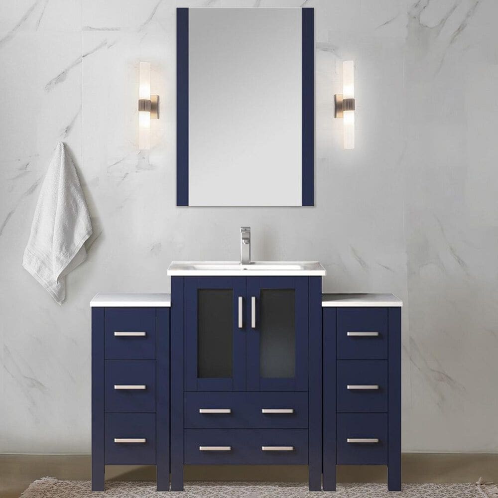 Lexora Home Volez 48&quot; Single Bathroom Vanity in Navy Blue with White Ceramic Top and Rectangular Sink, , large