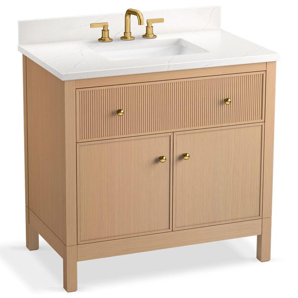 Kohler Malin 36" Single Bathroom Vanity in White Oak with 3 cm White Quartz Top and Rectangular Sink, , large