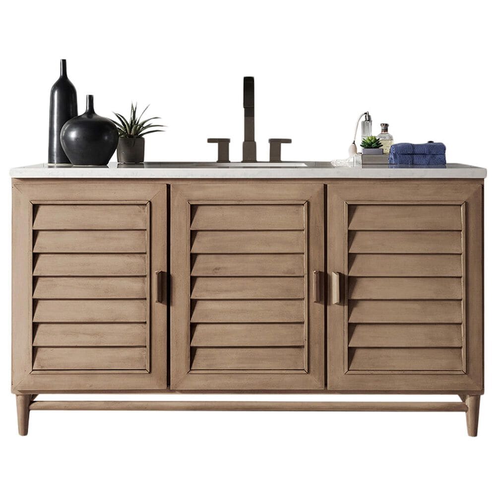 James Martin Vanities Portland 60" Single Bathroom Vanity in Whitewashed Walnut with 3 cm Eternal Jasmine Pearl Quartz Top and Rectangular Sink, , large