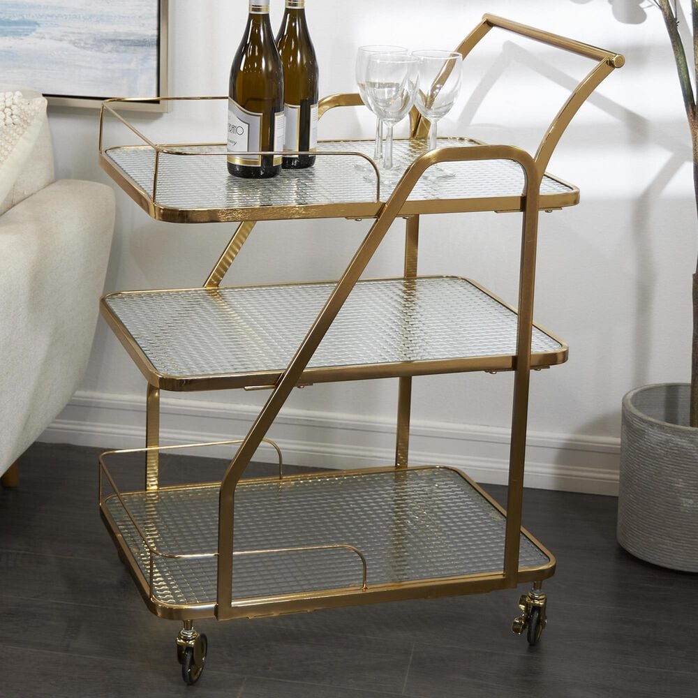 Maple and Jade 3-Shelf Bar Cart with Side Guards and Handle in Polished Gold and Transparent, , large