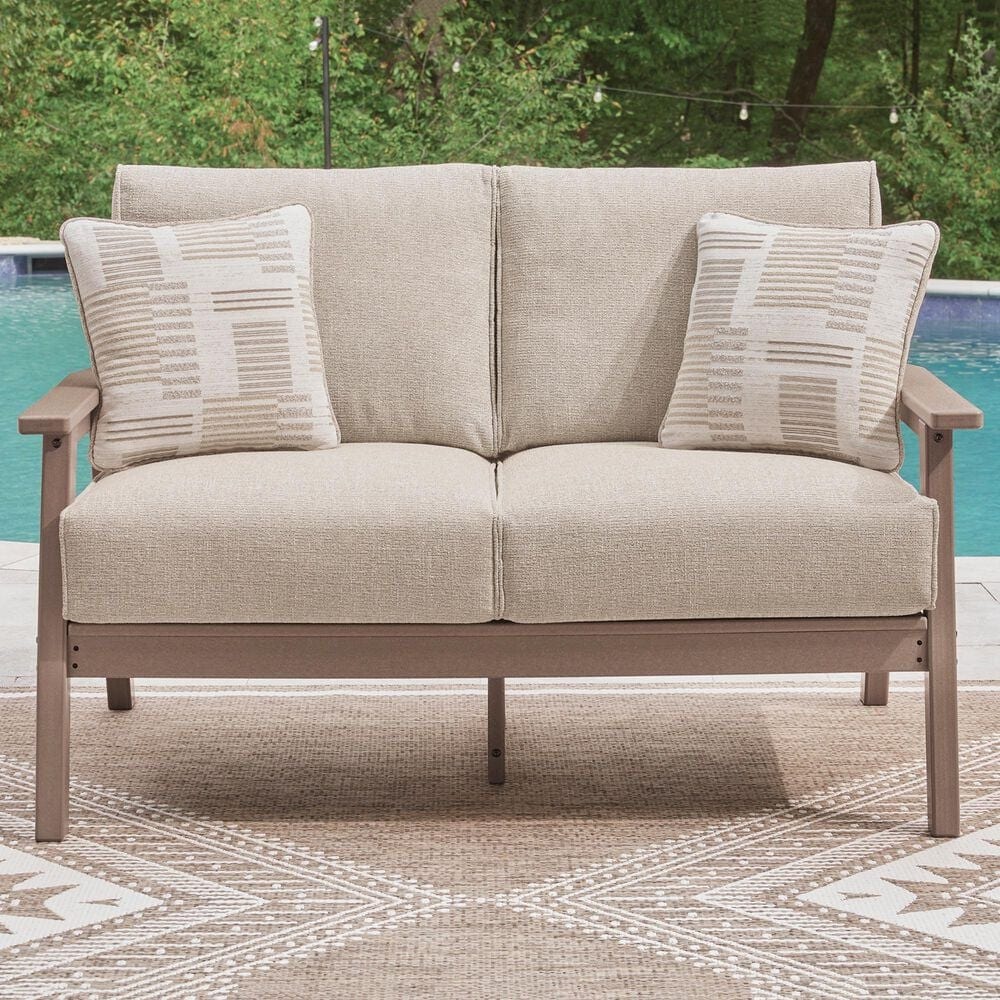 Ashley Grover Beach Outdoor Loveseat with Cushion in Driftwood, , large