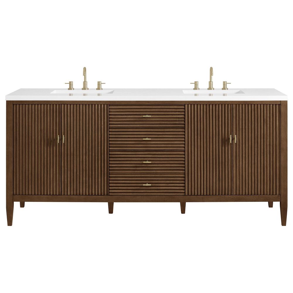 James Martin Vanities Myrrin 72&quot; Double Vanity in Mid-Century Walnut with 3 cm White Zeus Quartz Top, , large