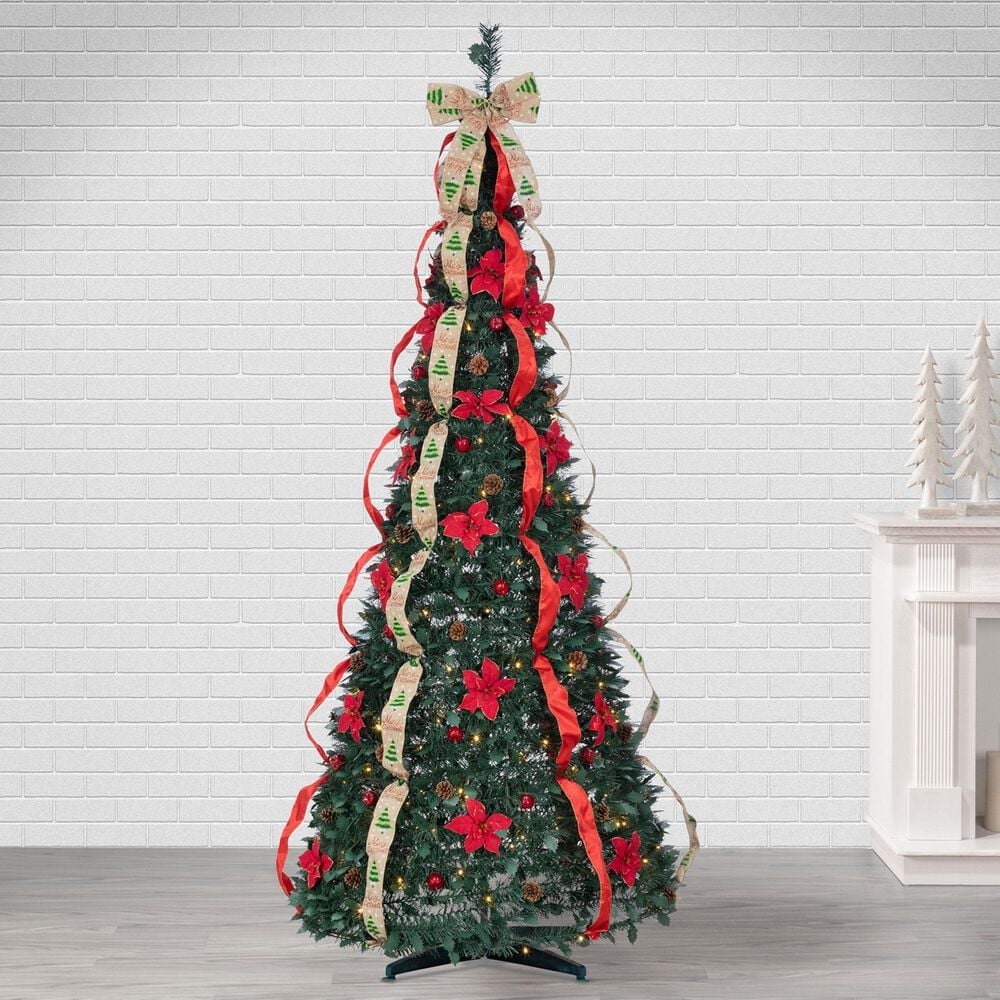 The Gerson Company 7.5&#39; Pop-Up Decorated Pine Tree with Warm White LED Lights in Green, Red and Gold, , large