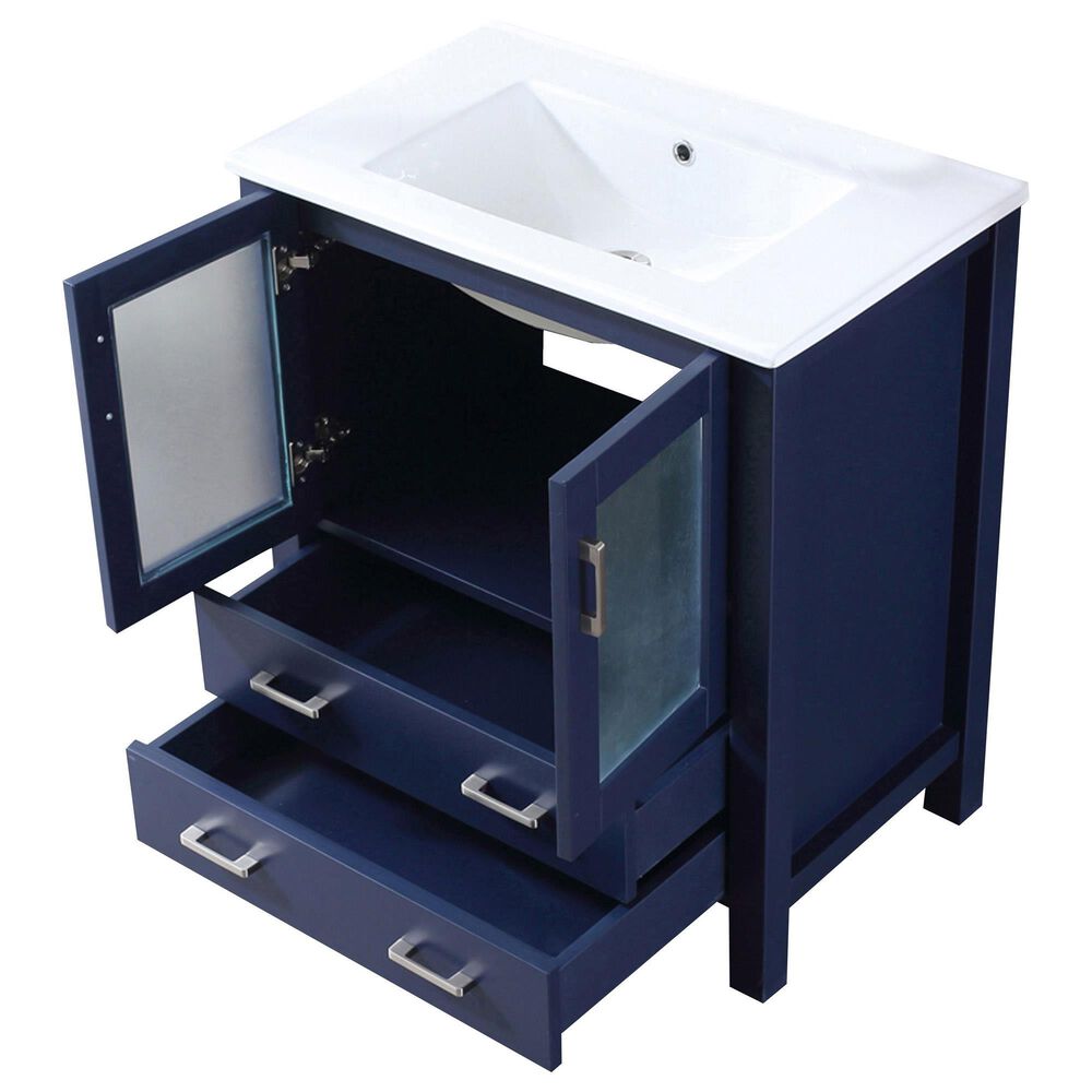 Lexora Home Volez 30&quot; Single Bathroom Vanity in Navy Blue with 2 cm White Ceramic Top and Rectangular Sink, , large