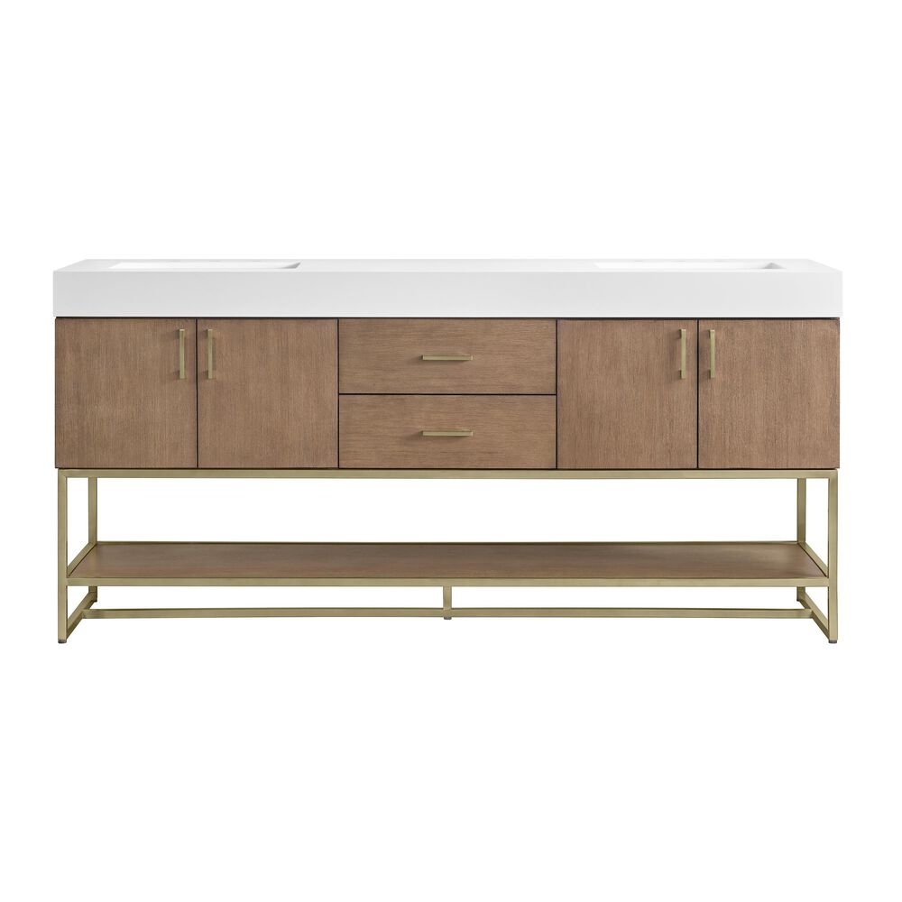 37B Mauri 72" Double Bathroom Vanity with Metal Base in Warm Oak with High-Profile 4" White Composite Stone Top, , large