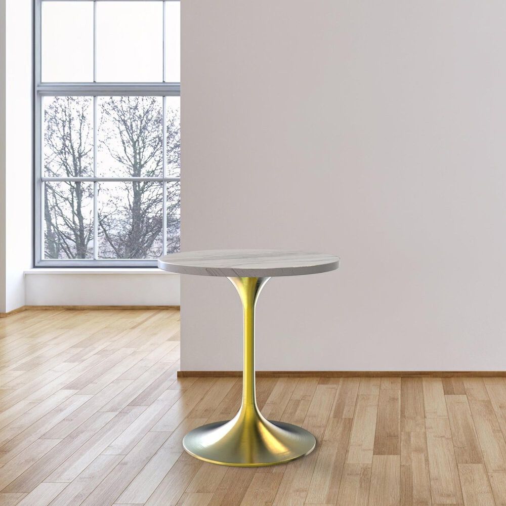 Leisuremod LeisureMod Verve Collection 27 Round Dining Table, Brushed Gold Base with Laminated White Marbleized Top, , large