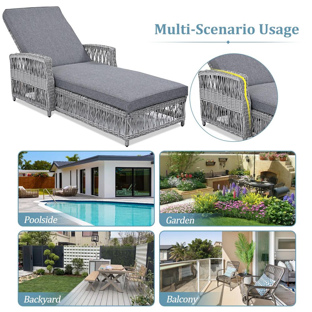 Hearth and Haven GO Outdoor Long Reclining Chaise Lounge with Armrests and Adjustable Backrest in Grey, , large
