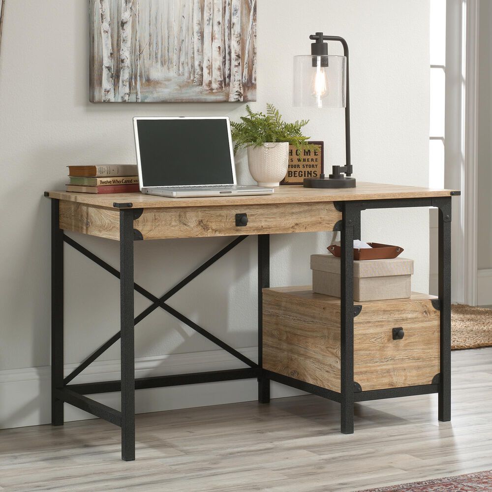 Sauder Metal and Wood Pedestal Desk in Brown, , large