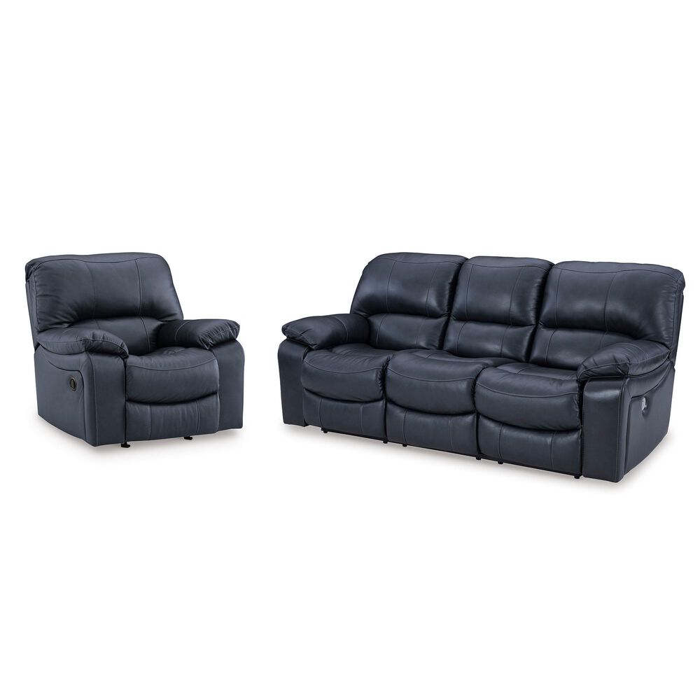 Ashley Leesworth Leather Power Reclining Sofa and Recliner Set in Ocean, , large
