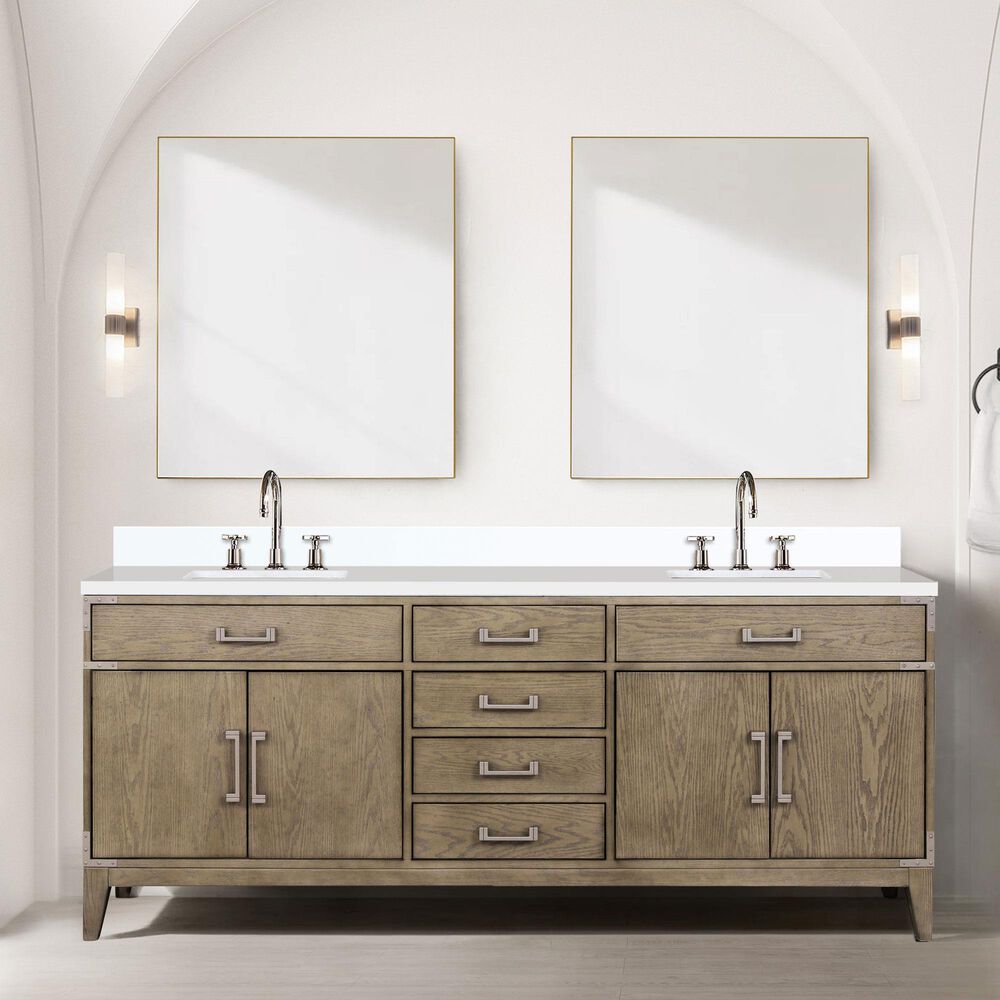 Lexora Home Laurel 80&quot; Double Bathroom Vanity in Grey Oak with White Quartz Top and Rectangular Sinks, , large