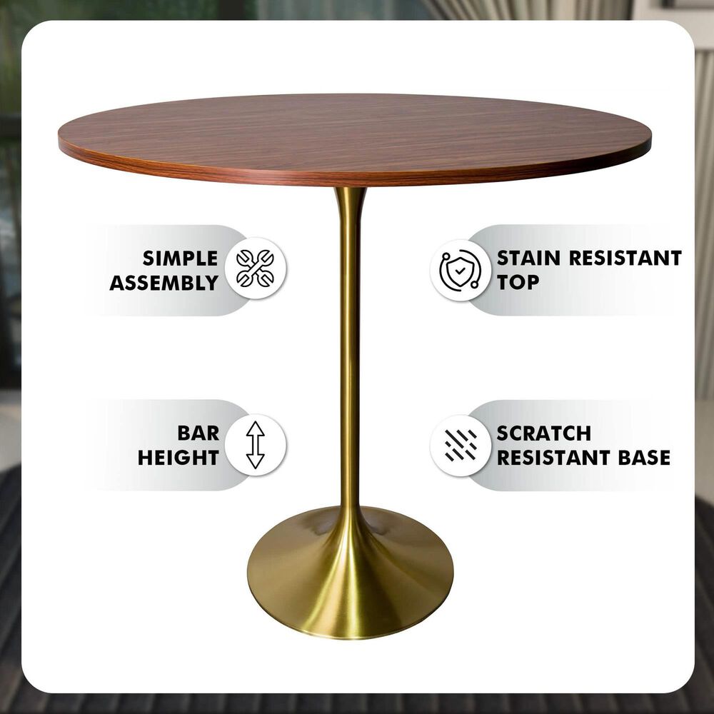 Leisuremod LeisureMod Verve Collection Modern Bar Height Table Brushed Gold Base with 48 Round Cognac Brown MDF Top, , large