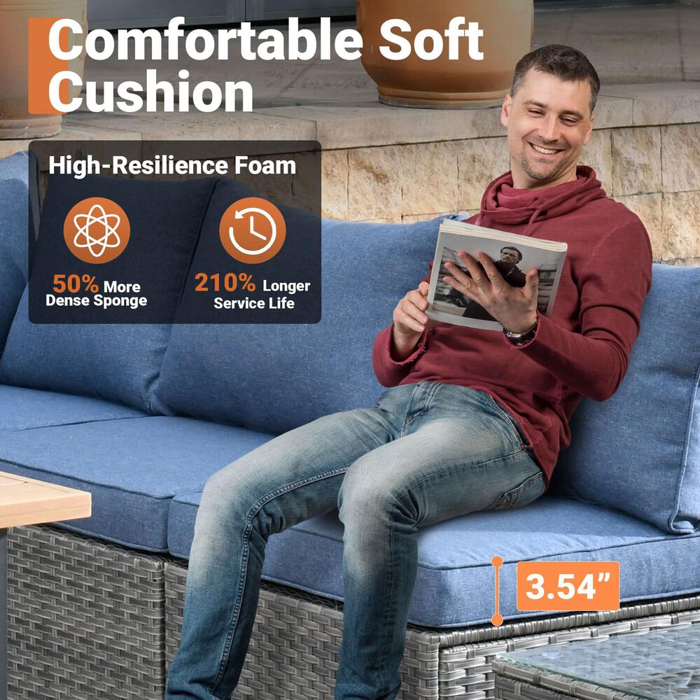 HOMLUX 7-Piece Patio Conversation Set with Grey Wicker in Denim Blue, , large