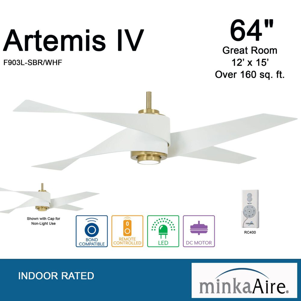 Minka-Aire Artemis IV 64" Ceiling Fan with LED Light and Matte Black Blades in Soft Brass, , large