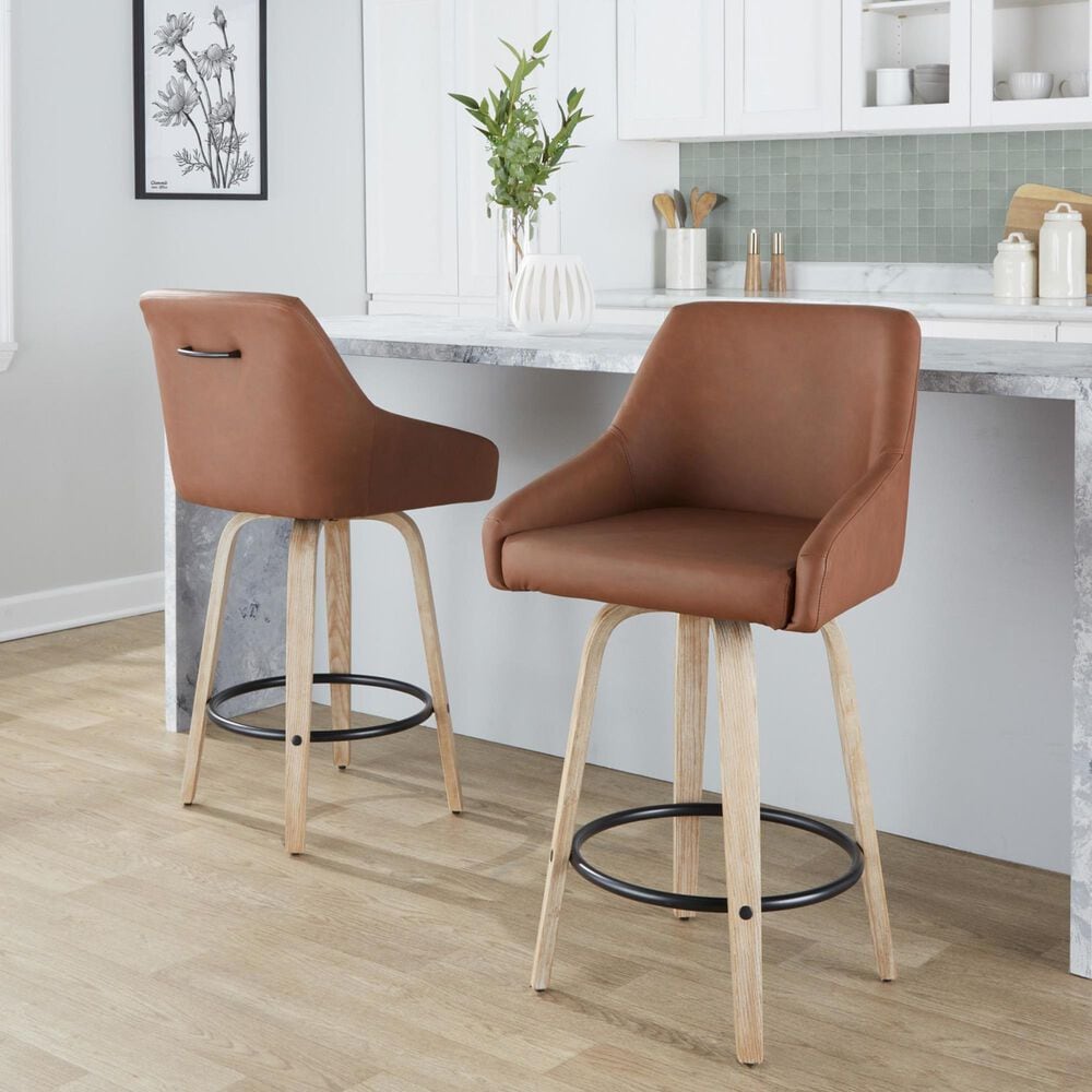 LumiSource Hannah Swivel Counter Stool with Camel Faux Leather Upholstery in Whitewashed and Black (Set of 2), , large